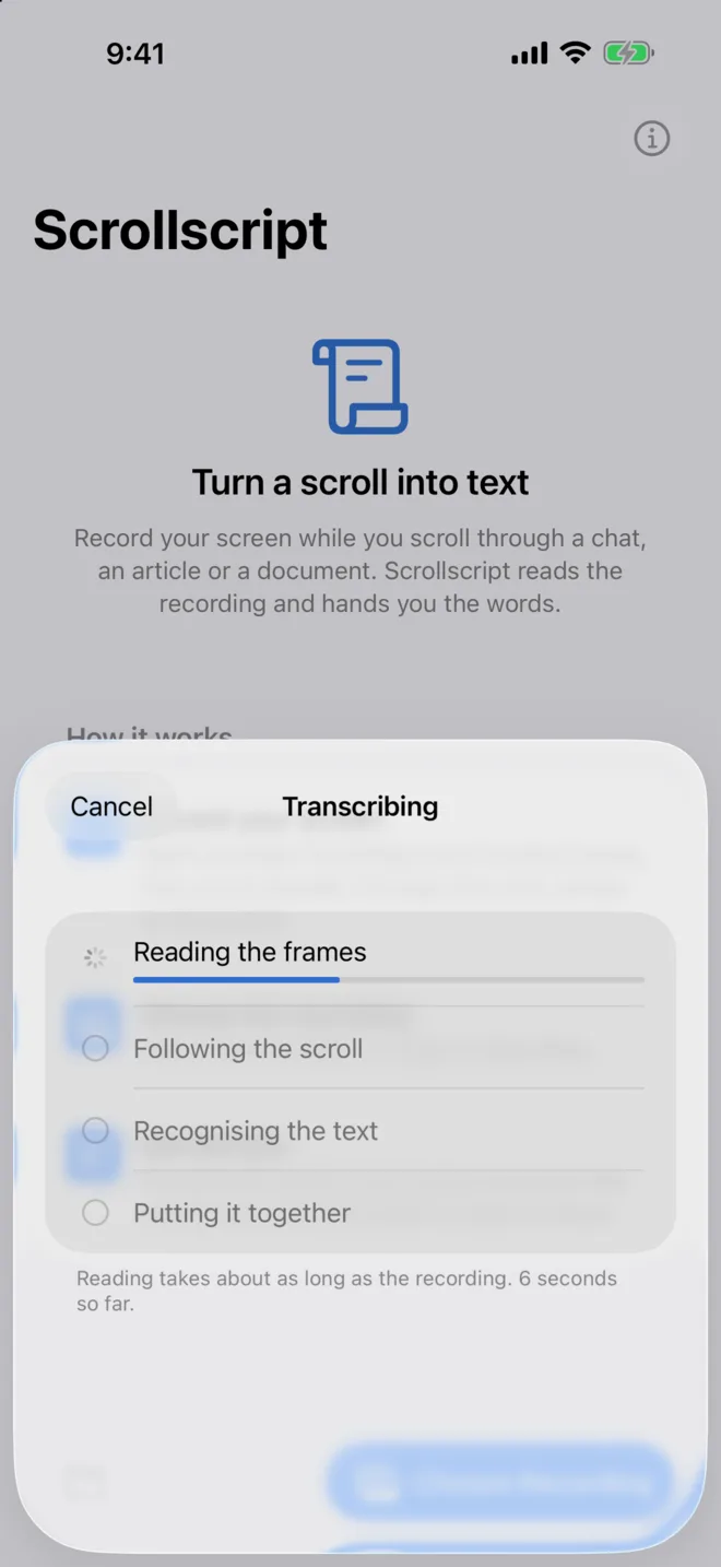 The progress sheet listing the four stages with a cancel button